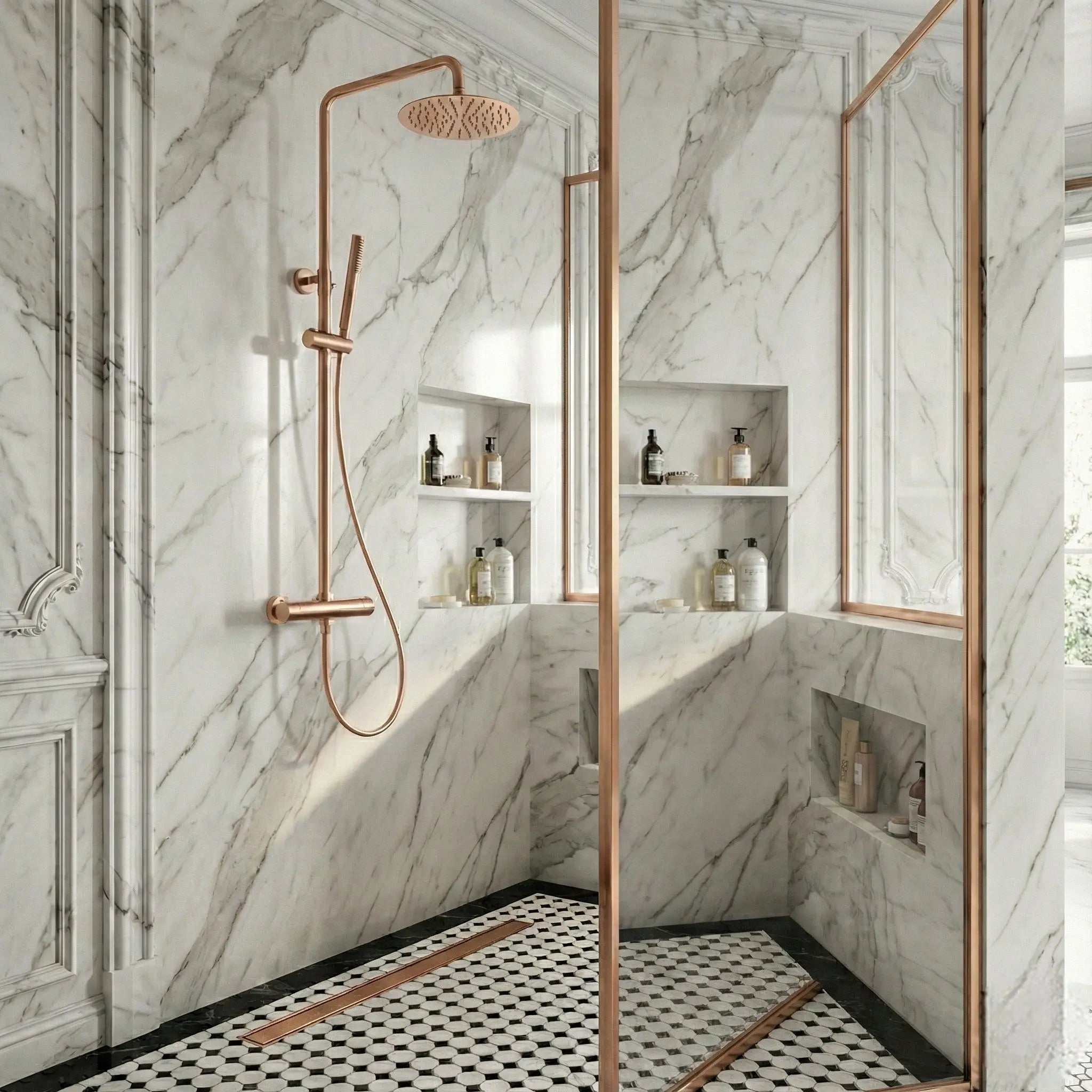 Colonne de douche thermostatiqueor or rose brossé - Ornos Afinaure