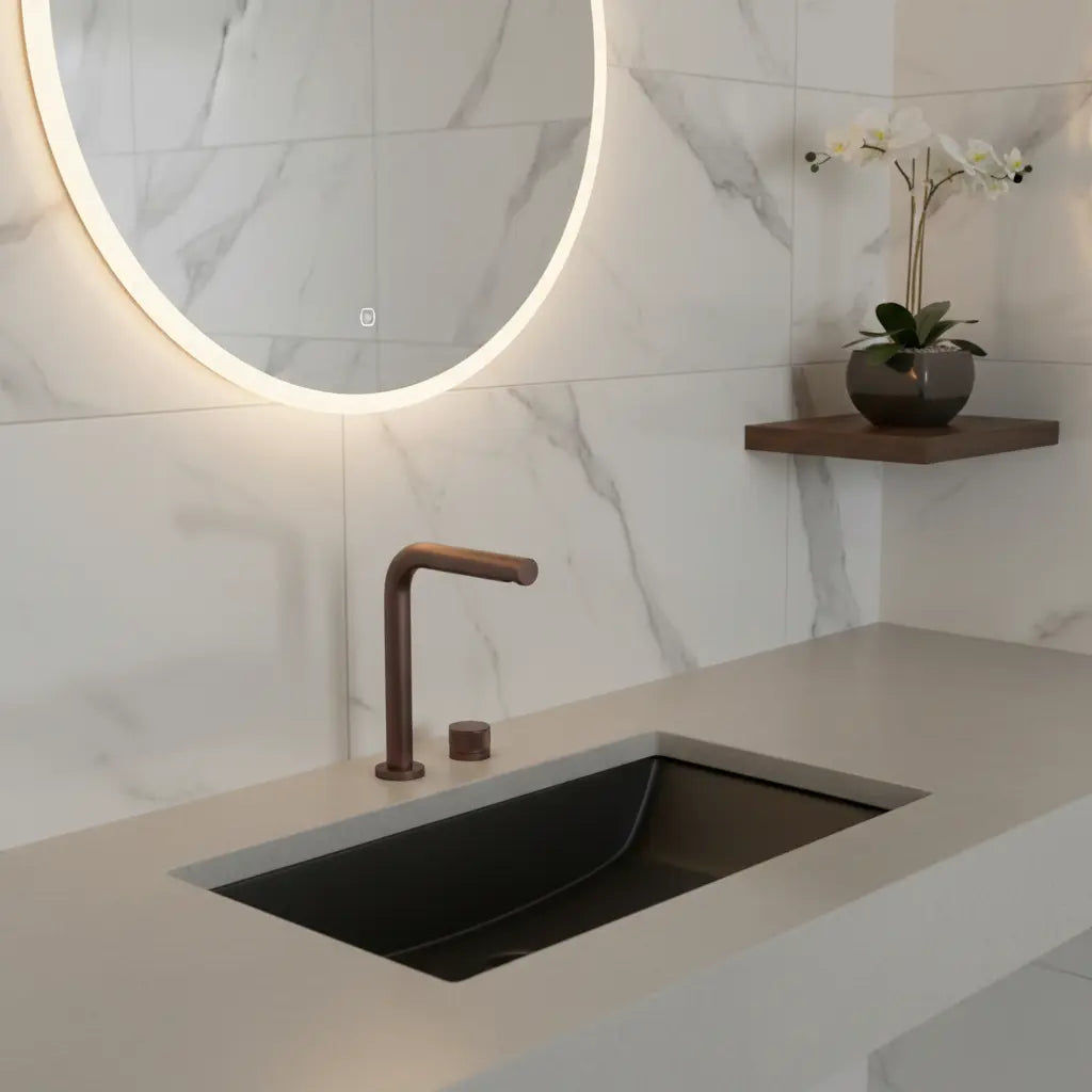 Robinet de salle de bain sur plan or rose - Delyos Afinaure