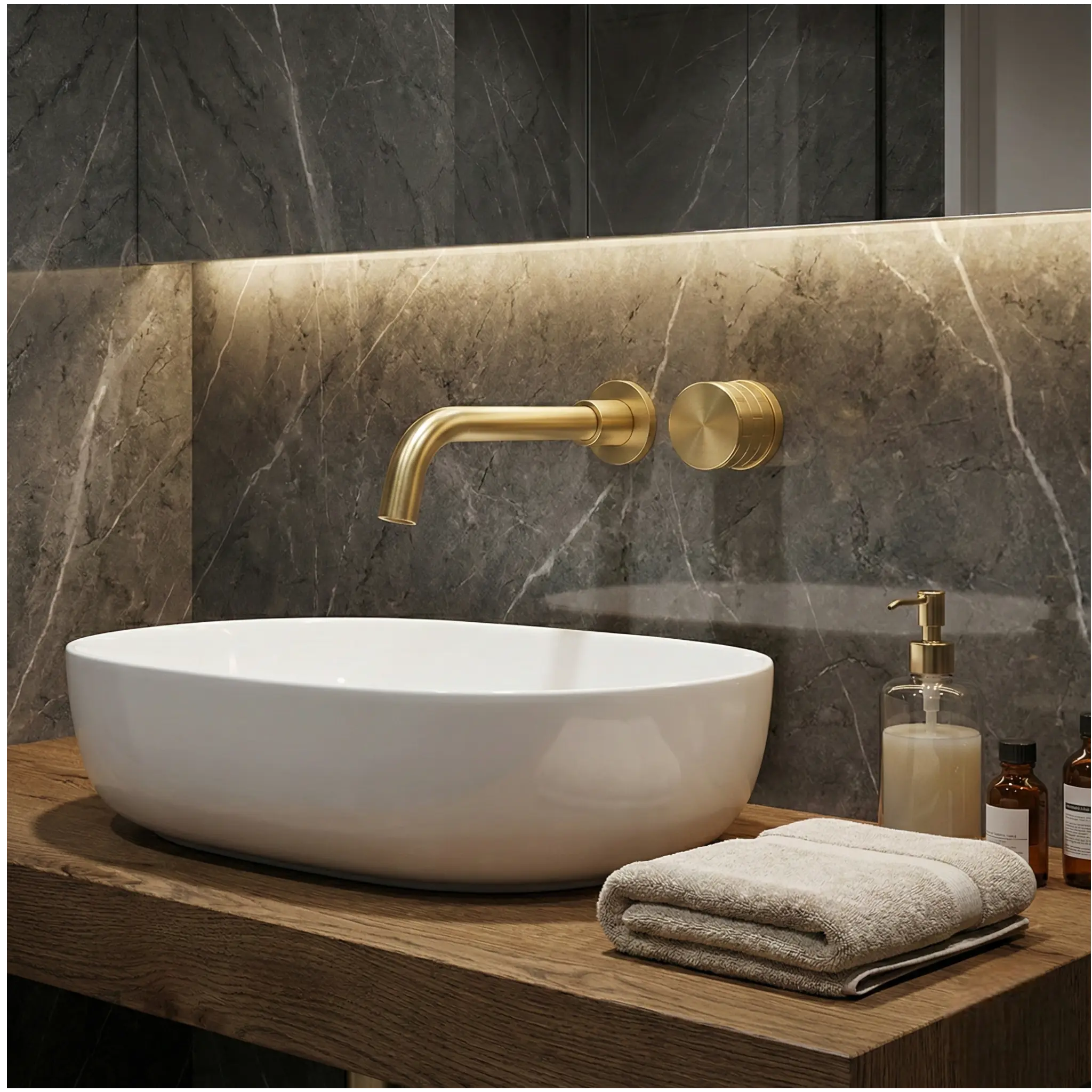 Robinet lavabo mural encastrable doré brossé - Culinan Afinaure